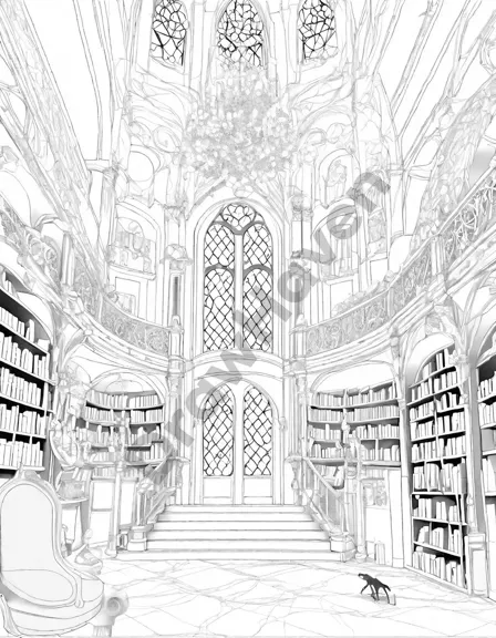 coloring page of a princess discovering a secret library in a forgotten forest castle in black and white