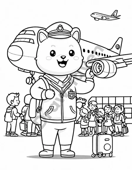 coloring book page of a busy airport terminal with diverse airplanes and bustling travelers in black and white