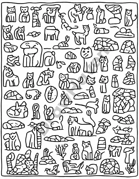 Coloring book image of ancient rock carvings depicting daily life, spiritual beliefs, and hunting practices in the desert in black and white