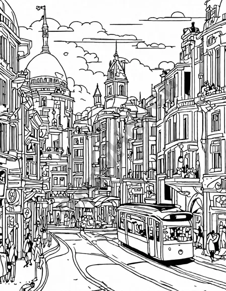 intricate art nouveau coloring book page with vibrant urban scenes, featuring sweeping curves and bold patterns in black and white
