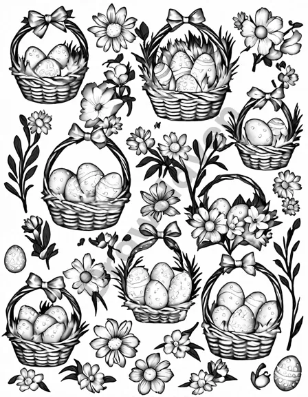 children crafting easter baskets with decorations under a willow tree in a coloring page scene in black and white