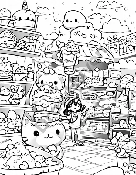 coloring page of a magical ice cream shop with rainbow sherbet scoops in a whimsical world in black and white
