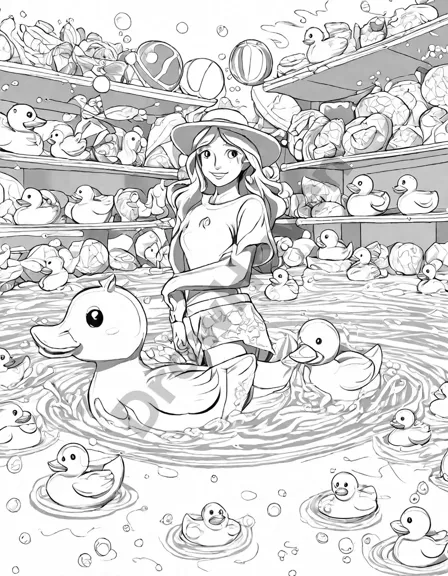 coloring page of a toy store aisle with water toys, rubber duckies, water guns, and inflatable pools in black and white