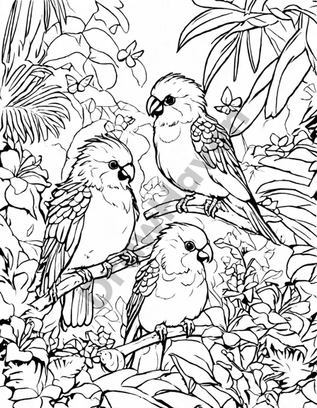 intricate coloring page featuring vibrant birds, furry creatures, and lush foliage, perfect for nature lovers of all ages in black and white