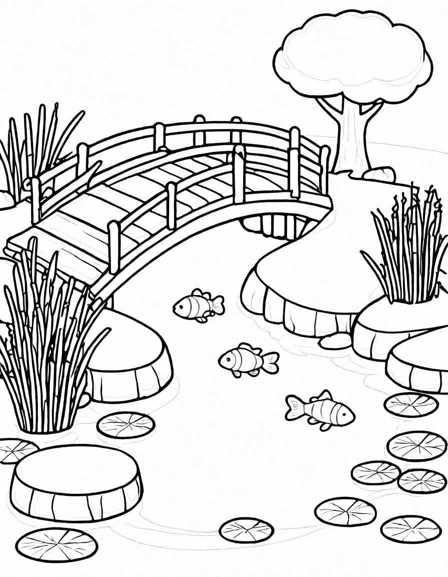 coloring book image of exotic fish in a serene zoo pond with a wooden bridge and lily pads in black and white