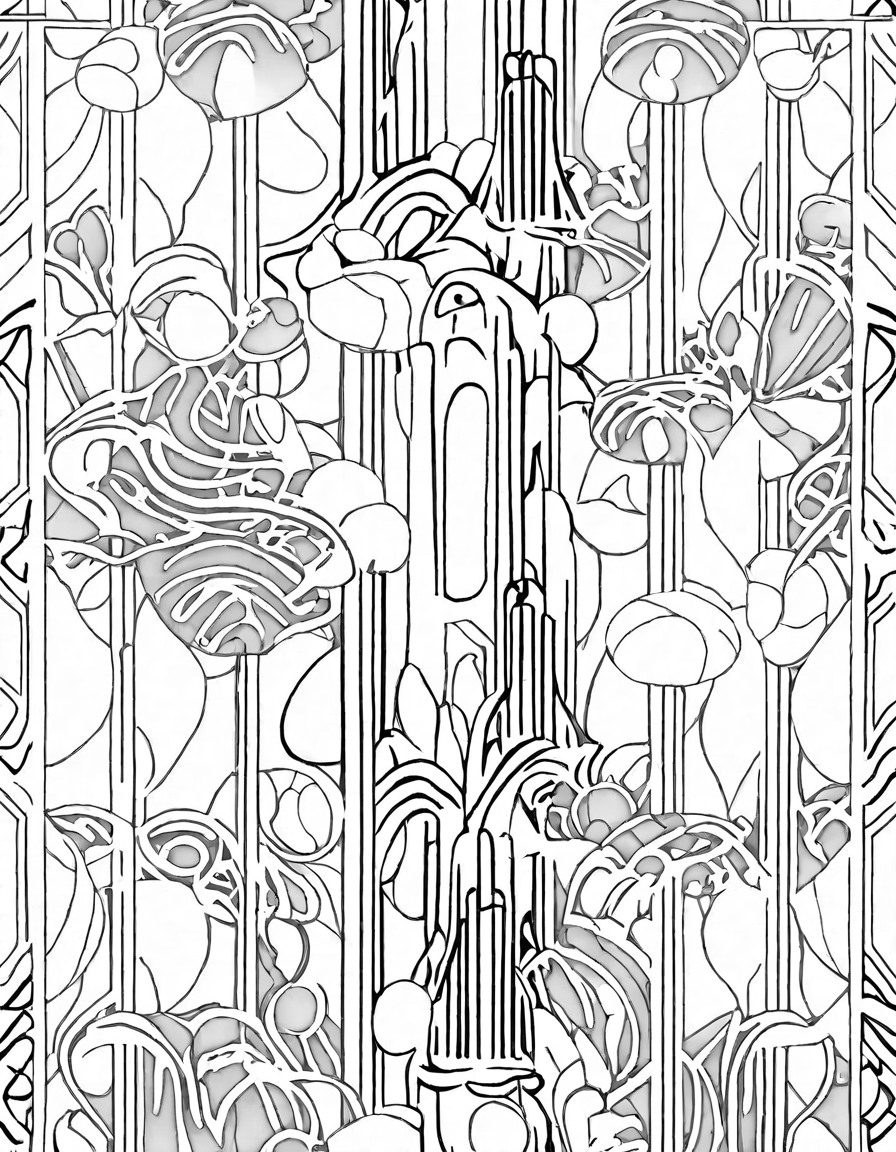 art deco coloring page with geometric shapes and stylized motifs from the iconic era in black and white