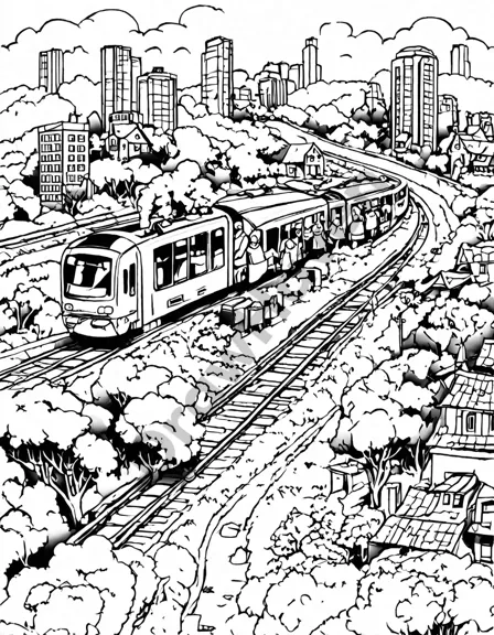coloring book page of a train journey from a bustling city to tranquil countryside in black and white