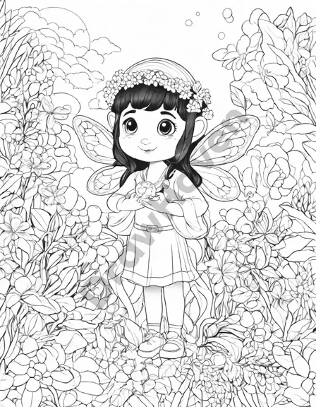 Coloring book image of enchanted realm scene with fairies, elves, and fireflies illuminating a magical garden at twilight in black and white
