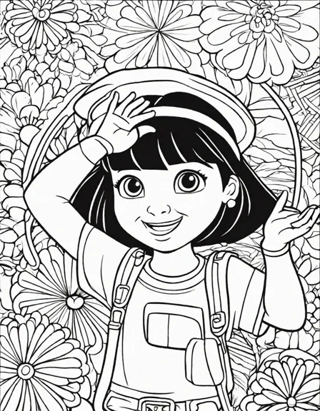 Coloring book image of dora the explorer celebrating the festival of colors with her friends, tossing colorful powder into the air in black and white