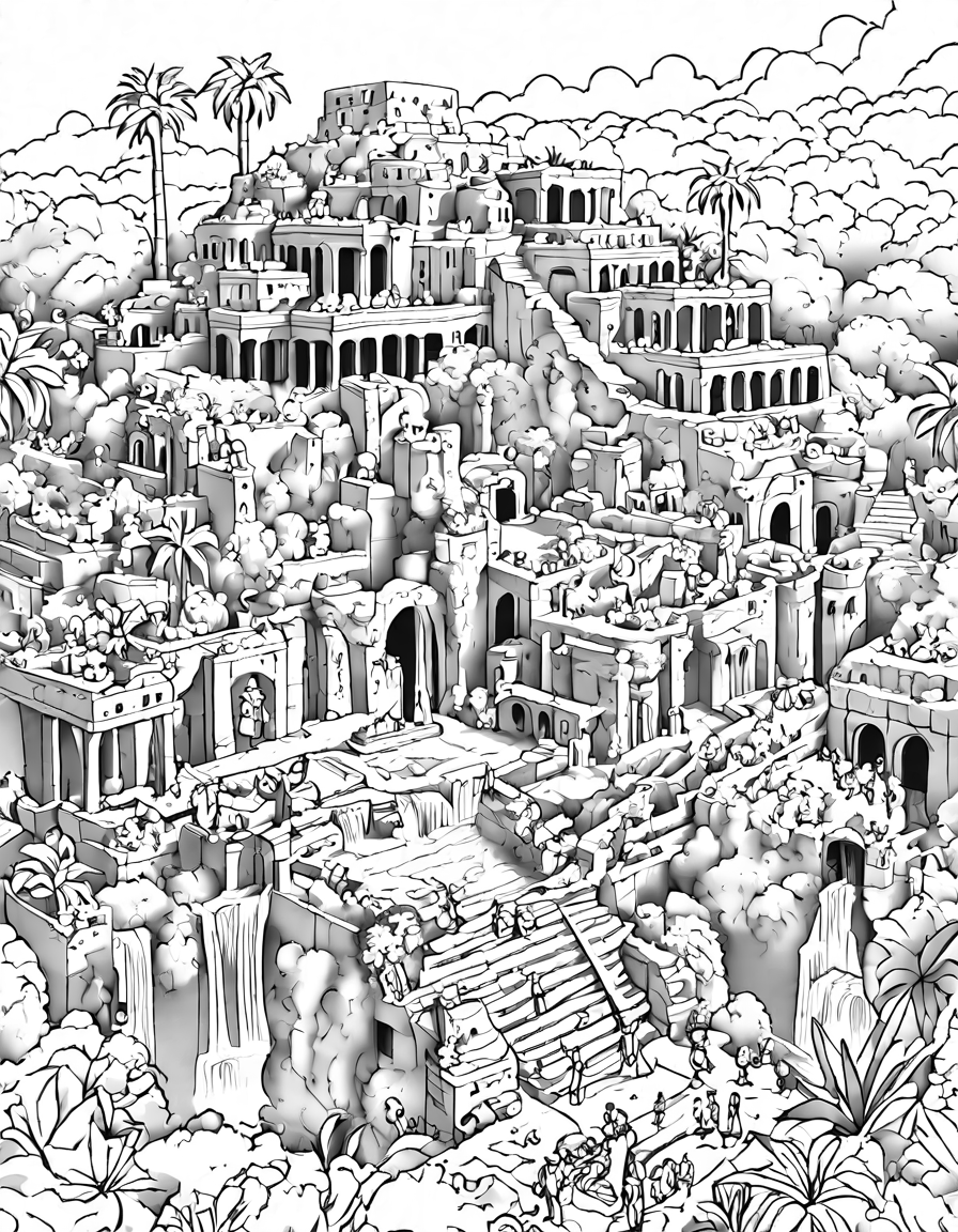 hanging gardens of babylon coloring book page with lush terraces, exotic plants, and cascading waterfalls for a colorful creation in black and white