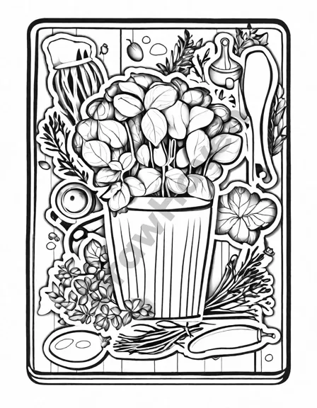 gourmet cooking with fresh herbs coloring page featuring a chef's kitchen with herbs and recipe book in black and white