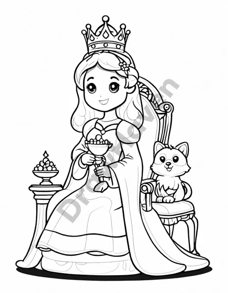 coloring page of a princess's coronation in a grand castle ballroom with spectators in black and white