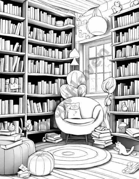 children in a cozy library nook with books and a magical open book inviting coloring in black and white