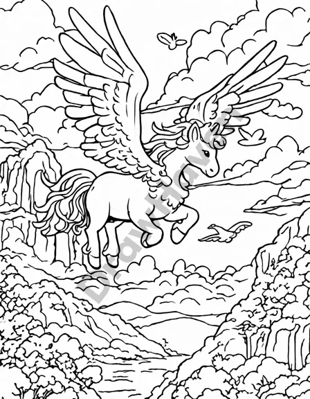 majestic pegasus with outstretched wings soaring above fluffy clouds under a golden sun, inviting coloring book creativity in black and white