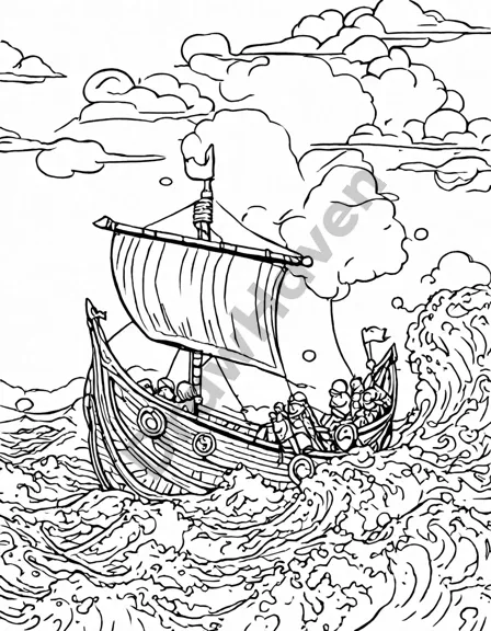 coloring page of viking longships with dragon heads and warriors at sea at dawn in black and white
