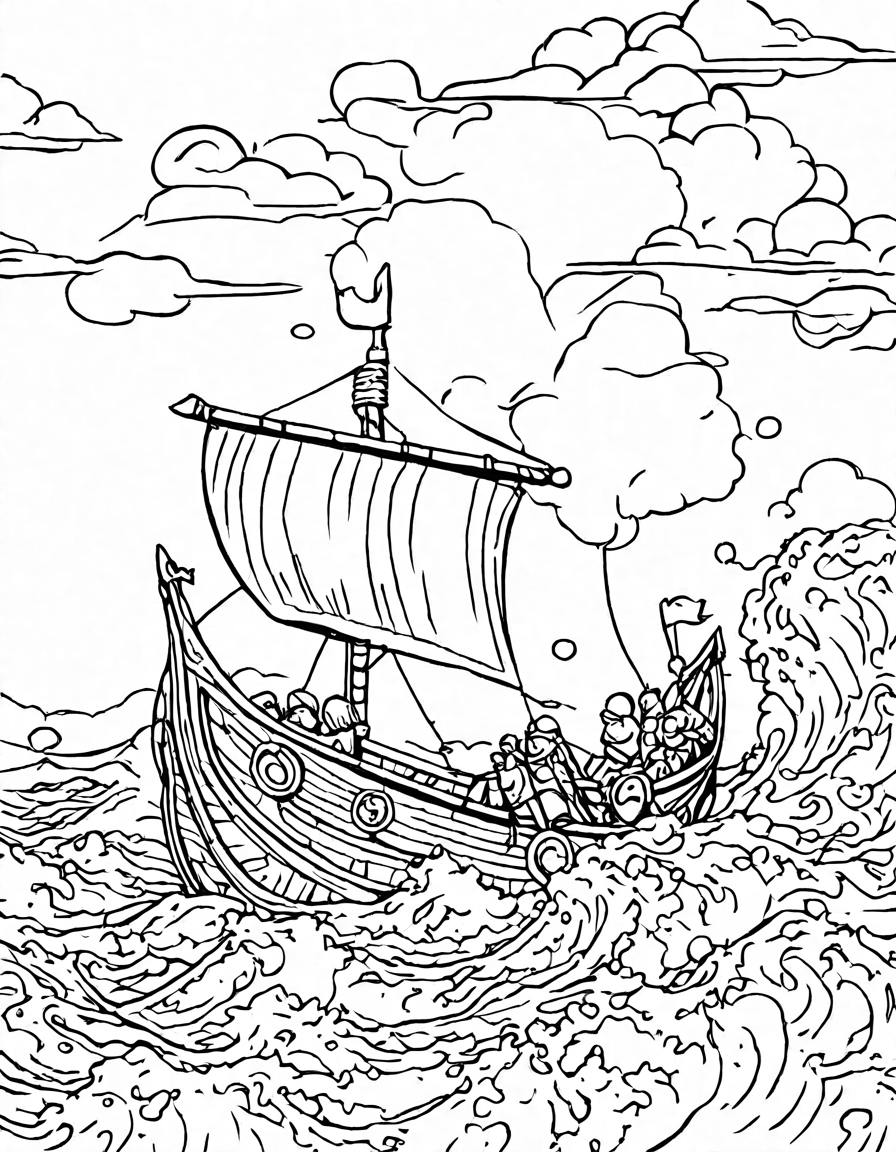 coloring page of viking longships with dragon heads and warriors at sea at dawn in black and white