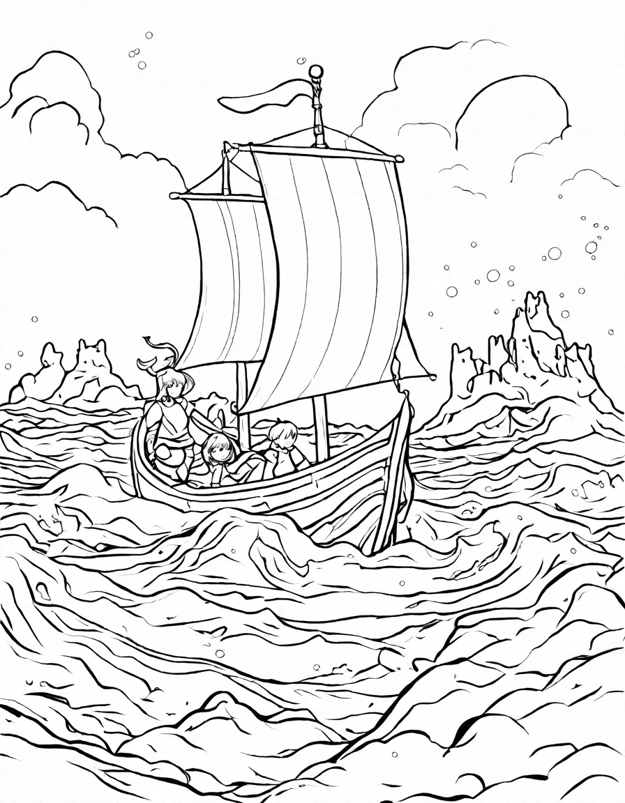 enchanting aurora borealis and viking longship coloring page, inviting imaginative exploration in black and white