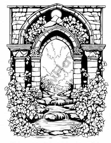 medieval stone bridges adult coloring page with intricate carvings and ivy in an enchanted forest setting in black and white