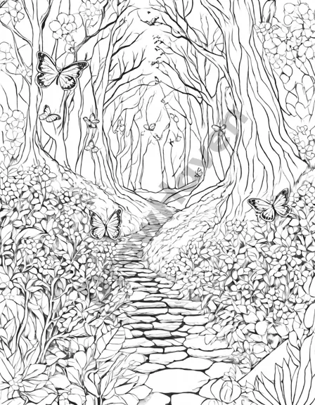 Coloring book image of iridescent butterflies leading to elf land through a magical, verdant forest path in black and white