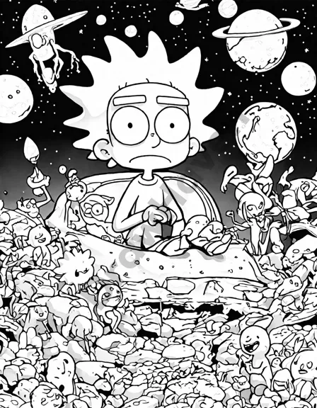 coloring page featuring rick and morty, eccentric scientist and hapless grandson, exploring bizarre alien planets and defying the laws of space and time in black and white