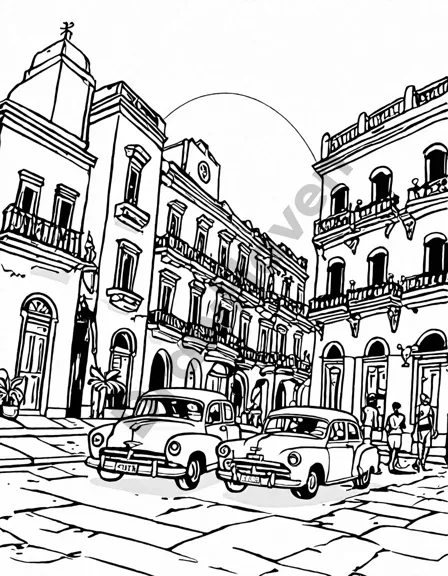 coloring book page featuring havana's colorful streets, classic cars, and el capitolio in black and white
