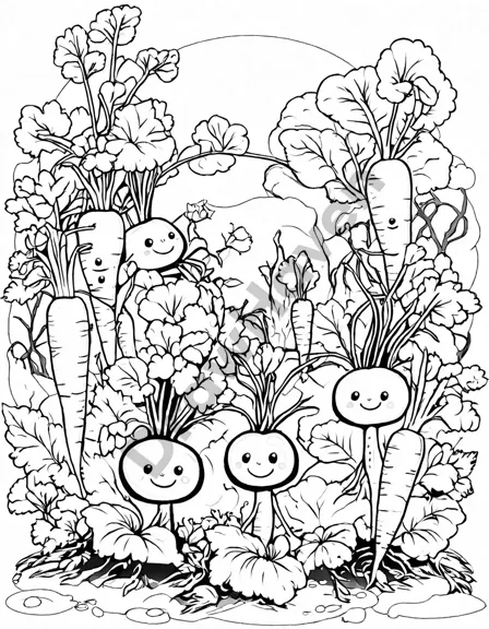 coloring page of carrots and radishes with expressive faces, symbolizing friendship above and below ground in black and white