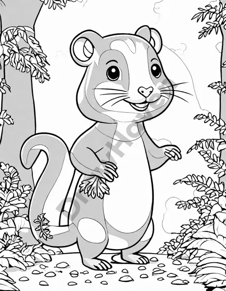 coloring page of agoutis in the rainforest, highlighting their role as seed dispersers among lush foliage in black and white