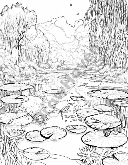 Coloring book image of serene pond with stately willow trees, dragonflies, and crystal-clear water reflecting azure sky in black and white