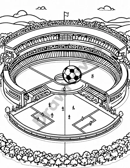 stadiums around the world' coloring page featuring iconic soccer stadiums and crowds in black and white