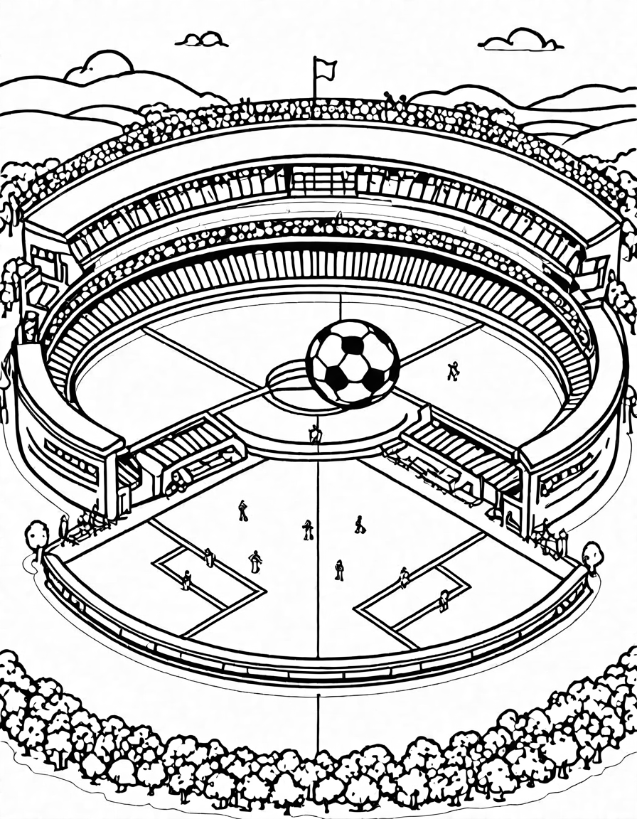 stadiums around the world' coloring page featuring iconic soccer stadiums and crowds in black and white