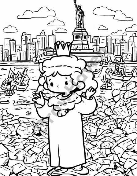 coloring page of the statue of liberty holding a torch and tablet, detailed with flowing robes and crown in black and white