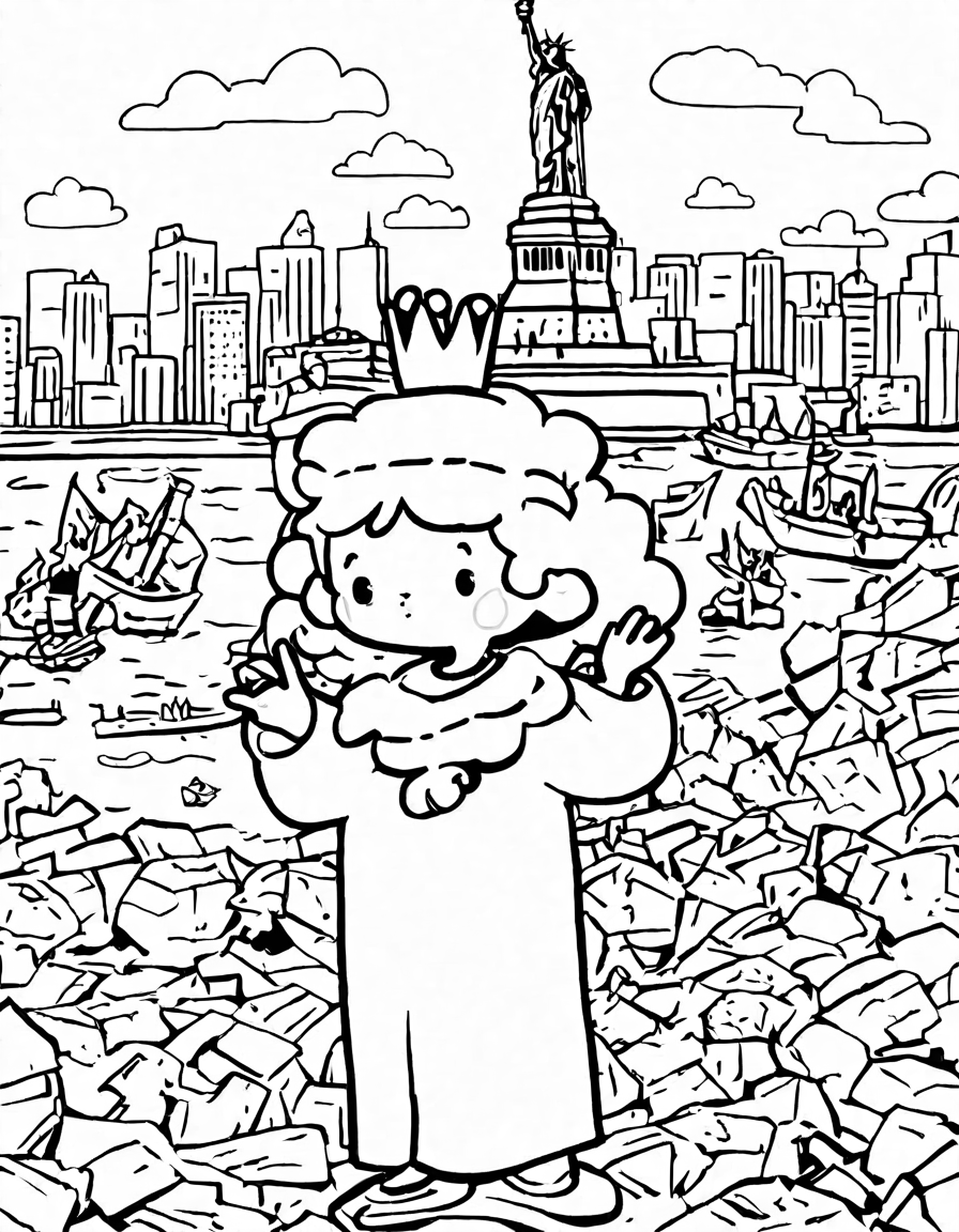 coloring page of the statue of liberty holding a torch and tablet, detailed with flowing robes and crown in black and white