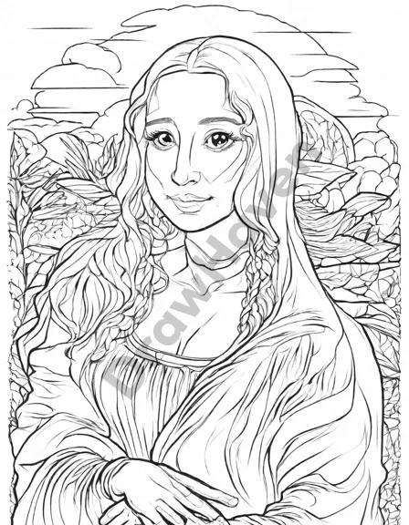coloring page of leonardo da vinci's mona lisa with intricate details for all ages in black and white