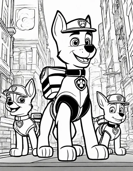 daring paw patrol pups embark on a cinematic adventure in a captivating coloring page, showcasing bravery and unwavering determination in black and white