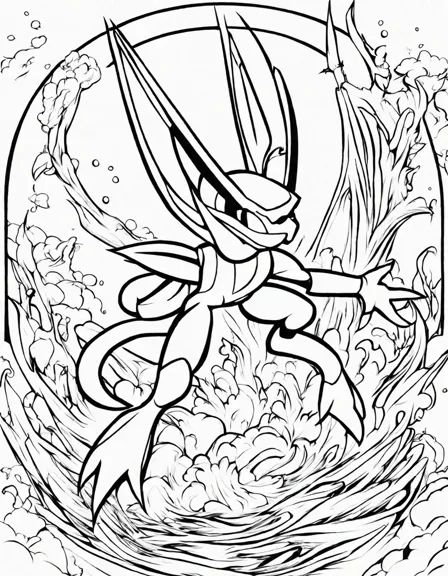 greninja uses water shuriken attack in pokemon anime coloring page in black and white