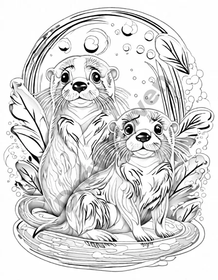 curious otters playing in water, ideal for coloring, featuring stones and greenery backdrop in black and white