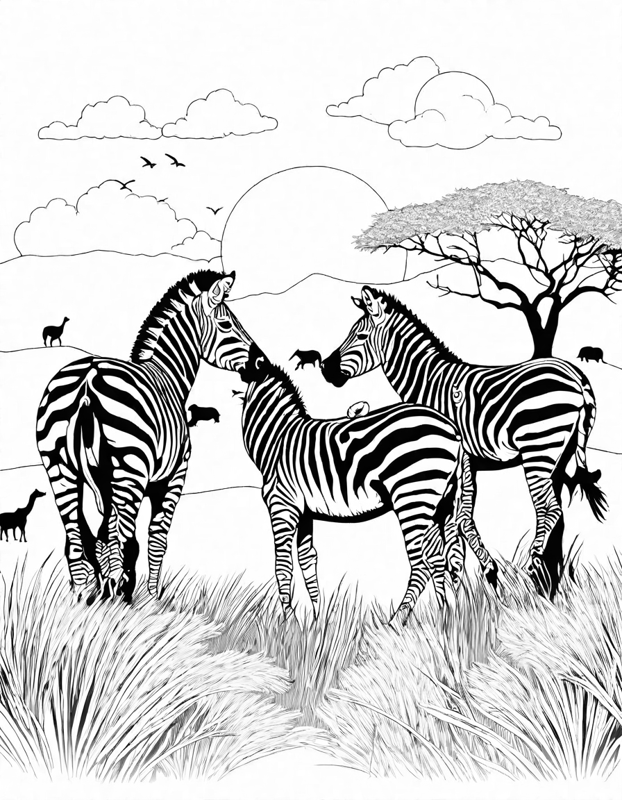 coloring book image of zebras on the savanna at sunset with acacia trees in black and white
