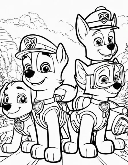 paw patrol pups marshal, chase, and skye smiling and ready for adventure in enchanting coloring book page in black and white