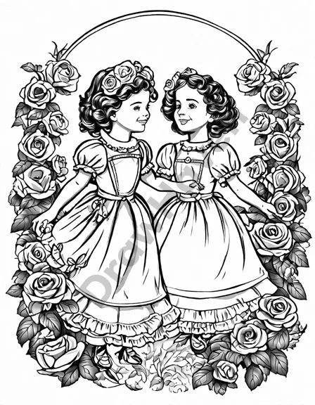 coloring page of children dancing in a rose garden, inspired by ring a ring o' roses in black and white