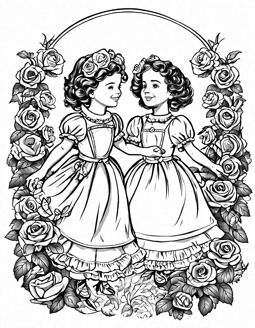 coloring page of children dancing in a rose garden, inspired by ring a ring o' roses in black and white