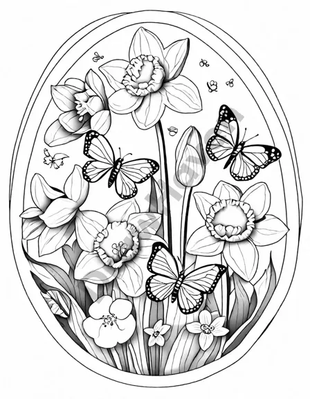 coloring book page featuring an easter egg surrounded by spring flowers, butterflies, and bees in black and white