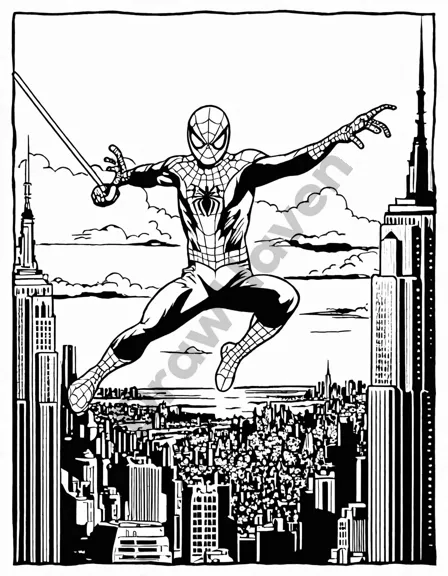 Coloring book image of spiderman swings from the empire state building in new york city above bustling streets in black and white