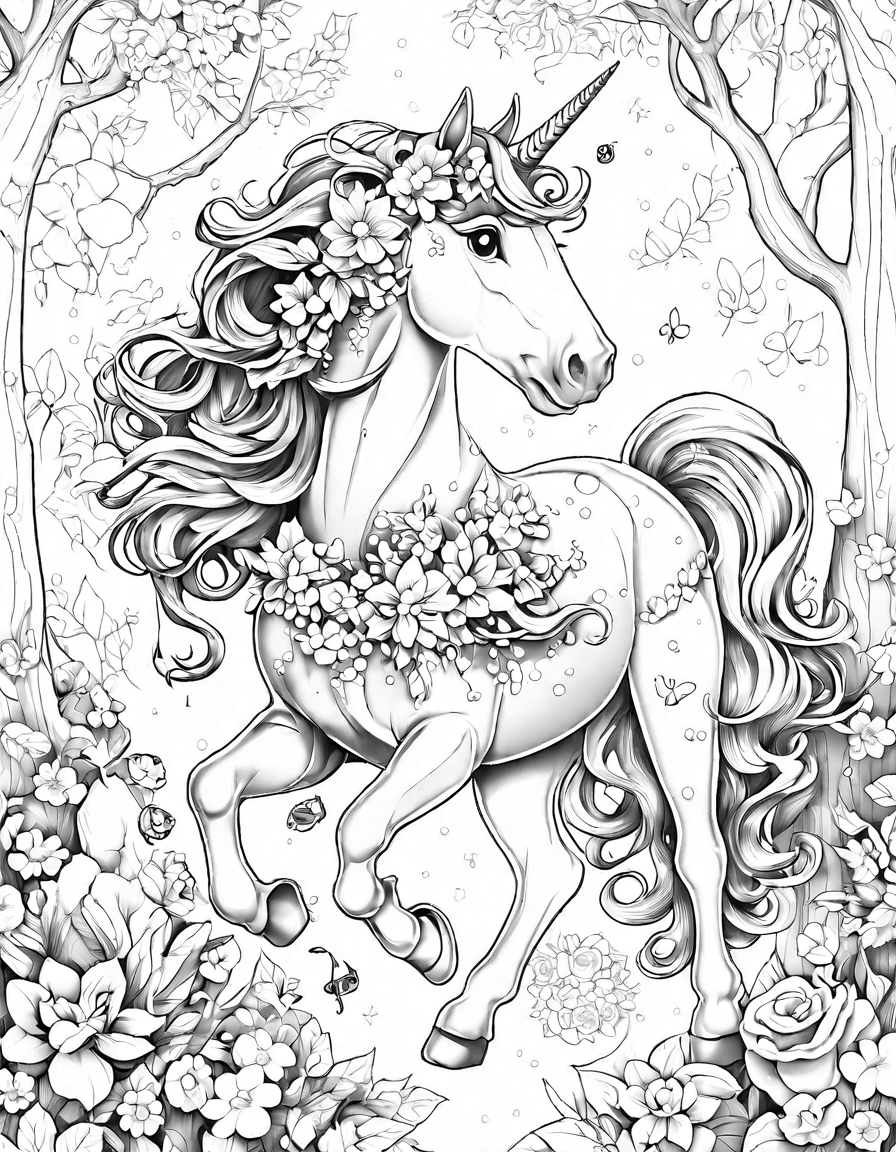 Coloring book image of mythical rainbow unicorn gallops through a vibrant fairy garden, adorned with intricate floral patterns and leaving a trail of sparkling rainbows in its wake in black and white