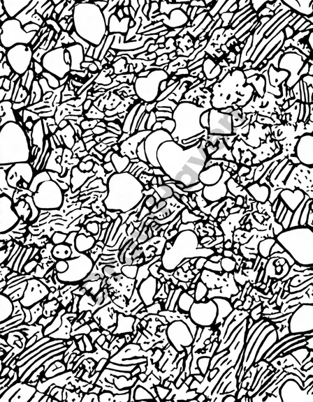 abstract coloring book page with fragmented shapes and lines, conveying both chaos and intrigue in black and white
