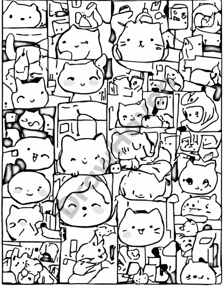 faces of the unknown coloring book page with enigmatic collage of faces with unique expressions and backstories in black and white