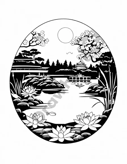 Coloring book image of stone paths lead through a tranquil japanese garden under a full moon, with bamboo groves, lilies, and cherry blossoms in black and white