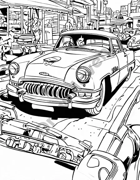 intricate coloring page showcases iconic classic cars from the classic car collections series, inviting you to add vibrant hues to automotive legends in black and white