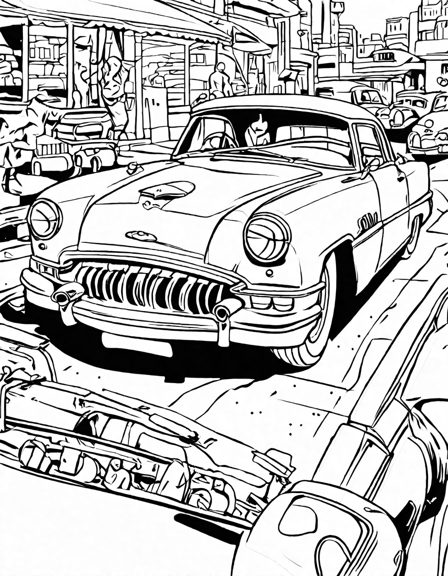 intricate coloring page showcases iconic classic cars from the classic car collections series, inviting you to add vibrant hues to automotive legends in black and white