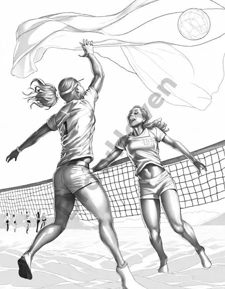 coloring book image of a triumphant beach volleyball spike with players, sun glow, and cheering crowd in black and white