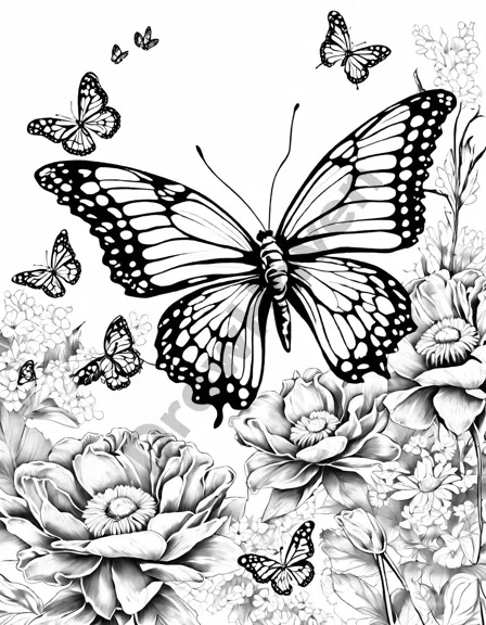 coloring page featuring butterflies and flowers in a garden, inviting artistic creativity in black and white
